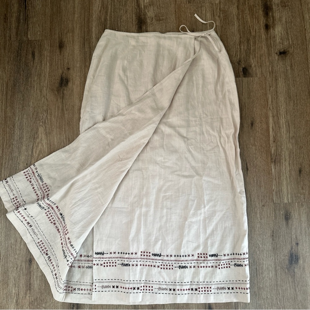 Nordstrom Skirt Women's 14 Beige Oatmeal Linen Faux Wrap Vintage Long